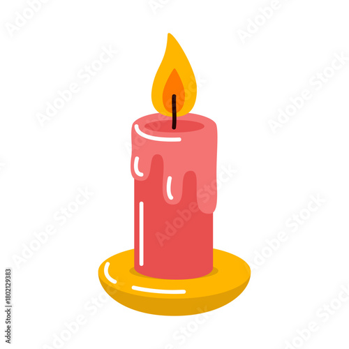 Bright red candle burning on yellow saucer, with melted wax. Colorful flat style. Ideal for holiday decor, Christmas graphic, stickers, festive lighting, celebration themes. Vector illustration