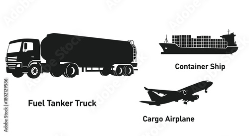 Illustrative depiction of various transportation methods truck ship and airplane