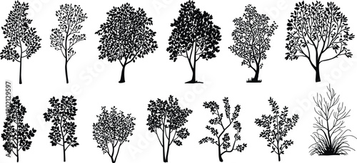 Black and white tree and shrub silhouette vector set with varied foliage shapes for nature, landscape, and design themes
