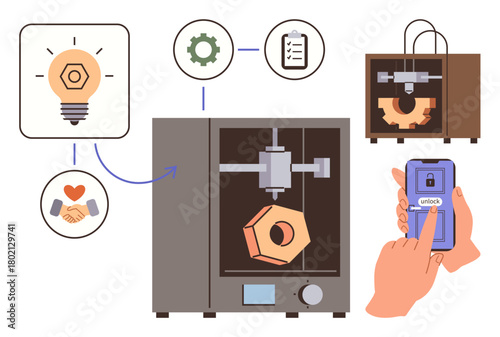 Advanced 3D printer creating a gear model, connected gear concept, mobile control, and collaboration icons. Ideal for innovation, automation, prototyping, technology, remote work teamwork simple