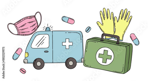Illustration of an ambulance, medical mask, first aid kit, gloves, and pills, representing healthcare and emergency services.