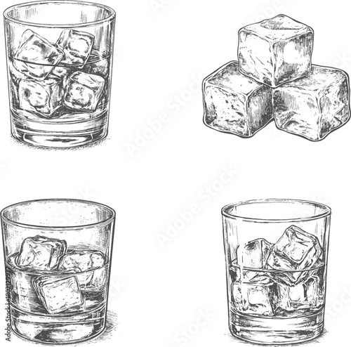 Set illustrations of whiskey glass isolated on transparent background. Vector graphics