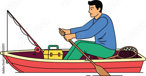Man rowing a red boat with fishing gear on a lake