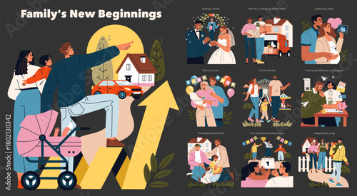 Family's New Beginnings with Life Events Vector Illustration