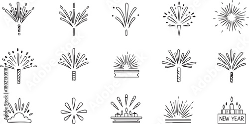 Collection of festive fireworks and sparkling celebration icons ideal for new year design elements