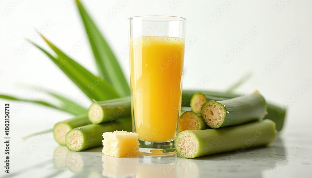 Naklejka premium Tall glass holds fresh sugarcane juice surrounded by cut cane stalks and leaves. A cube of sugar sits nearby on a reflective surface. This drink offers natural sweetness and energy.