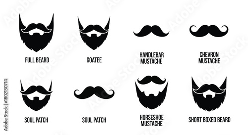 Various styles of facial hair and beards illustrated in a black and white design