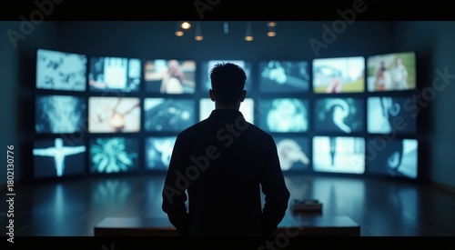 Man in front of a wall of multiple televisions