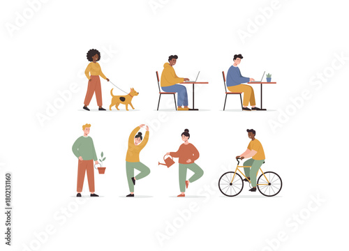 A collection of diverse, modern characters engaged in various everyday activities, illustrating concepts of lifestyle, work-life balance, hobbies, and wellness.