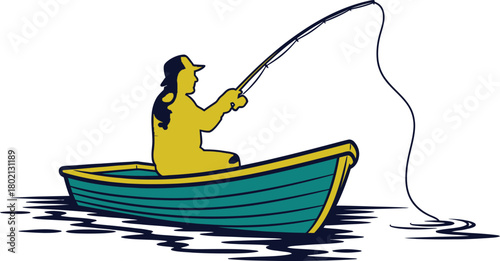 Fisherman in a rowboat casting a fishing line on the water
