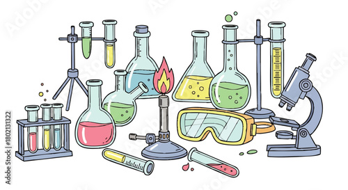 Colorful illustration of laboratory equipment, including beakers, test tubes, and a microscope, ready for scientific experiments.