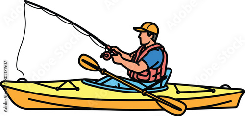 Man fishing from a yellow kayak with a paddle