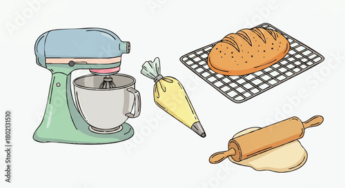 Illustration of baking equipment including a stand mixer, piping bag, bread loaf on a cooling rack, and dough being rolled out.