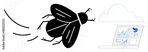 Black fly flying near digital data dashboard with analytics charts, graphs, and cloud outline. Ideal for analytics, connectivity, data, environment, tech impact metaphors cloud computing. Simple