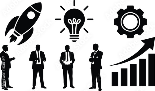 Business startup vector set featuring rocket launch, idea bulb, gear settings, growth chart and corporate businessmen silhouettes in black design