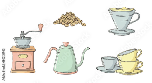 Illustration of coffee brewing equipment including a grinder, beans, kettle, pour-over dripper, and stack of cups.