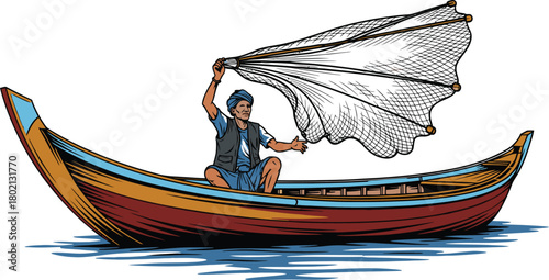 Fisherman in a traditional boat holding up a fishing net