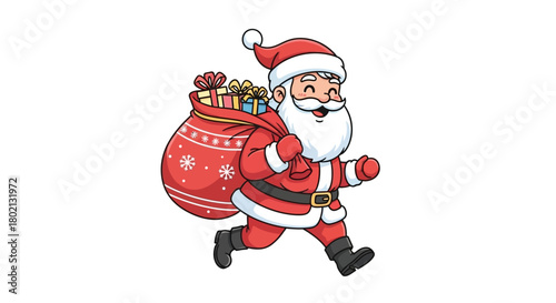 Cartoon santa claus running with a red sack full of gifts on a white isolated background image