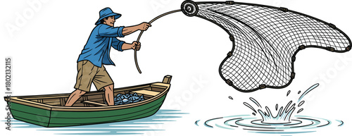 Fisherman in a rowboat casting a net into the water