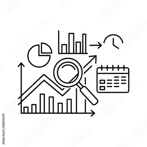 Business analytics and financial data analysis with magnifying glass, charts, and calendar