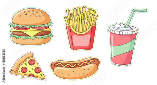 Illustration of fast food items including a burger, fries, soda, hot dog, and pizza slice, all isolated on a white background.