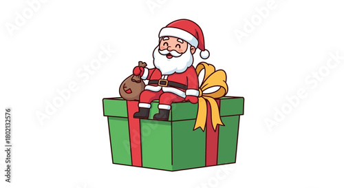 Santa claus sitting on a large green gift box with a sack of presents and a yellow ribbon bow