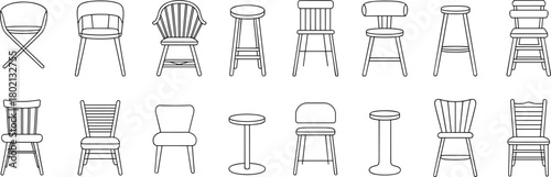 Chair and stool line icon set with varied backrests, legs, and seating styles in black vector style
