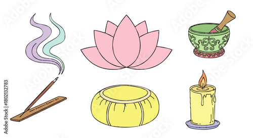 A collection of illustrated spiritual and meditative elements, including incense and lotus.