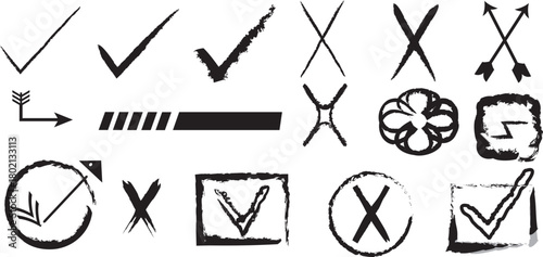 Hand-Drawn Grunge Vector Check Mark and Cross Symbols Representing Yes, No, and Decision Making