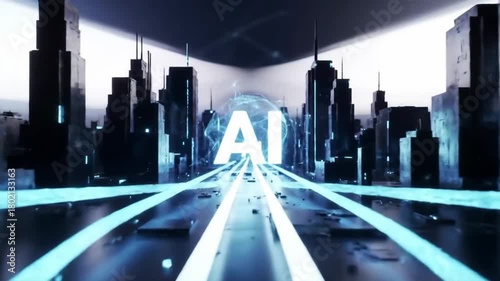 AI Cityscape with glow lines symbolizing data transfer. Use Futuristic technology concepts
