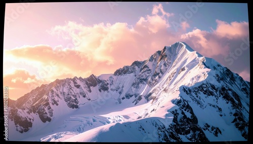 A dramatic view of a snow-covered mountain range under a vibrant sunset sky filled with clouds.