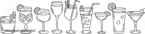 Cocktail glass silhouettes with garnishes, nine drinkware styles including martini, wine, tumbler, highball, coupe, goblet, citrus details