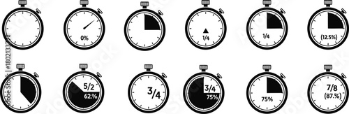 Collection of vintage stopwatch icons illustrating different time intervals and progress