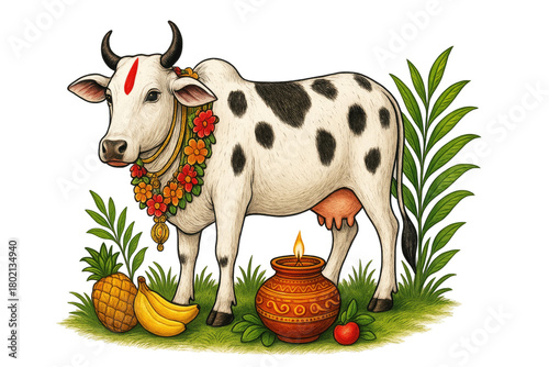 Decorated Indian cow with floral garland fruits traditional pot greenery and festive elements in colorful cultural illustration isolated on white background