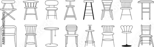 Stylized chair and stool silhouettes in black and white, 16 unique seating designs for furniture, interior, decor, graphic use
