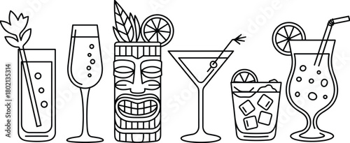 Stylized cocktail glass vector set with unique drinks, garnishes, and barware for beverage design, hospitality, and menu themes