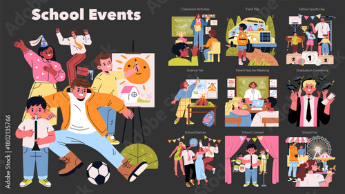 Animated School Events and Activities Vector Illustration