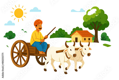 Rural farmer riding traditional bullock cart on village road with green hills trees sunshine and countryside landscape illustration isolated on white background