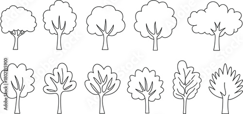 Stylized tree silhouettes in black and white, twelve unique canopy and trunk designs for nature, garden, landscape, eco-themed graphics