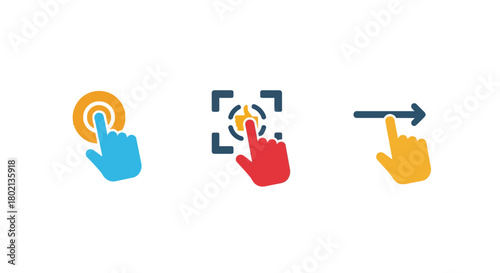 Colorful hand icons for touch, target, and swipe gestures in flat design