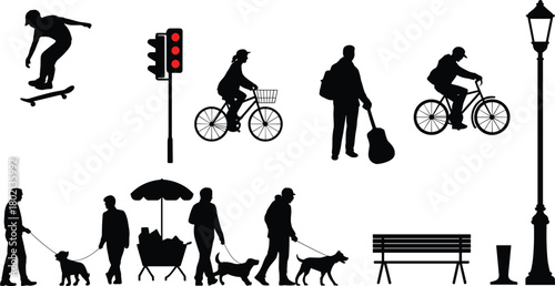 Urban street activity silhouettes with people walking, biking, skateboarding, dog walking, vendor cart, traffic light, park bench, city life