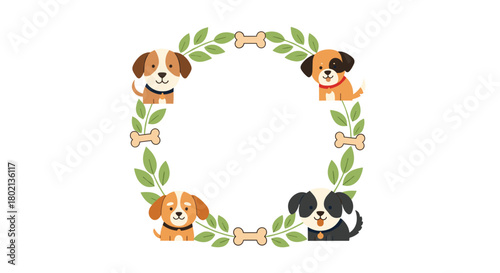 Adorable puppies arranged in a square wreath with green leaves and dog bones, creating a cheerful and inviting frame for text or design elements.