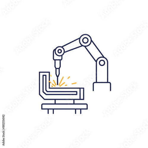 Robotic arm performing industrial welding with sparks on a metal piece, modern line art icon illustration.