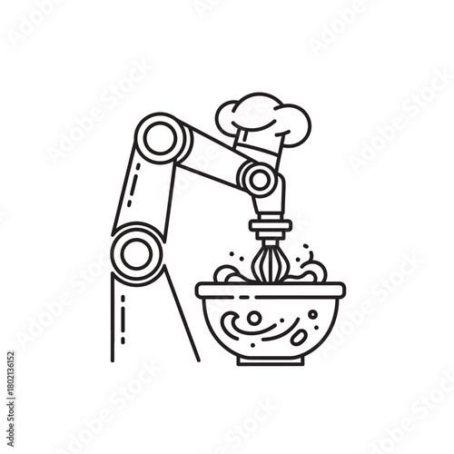 Robotic chef arm with a toque hat whisking ingredients in a bowl, a line art icon.