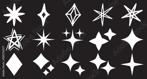Assorted Collection of Hand Drawn Stars and Sparkles on Black Background