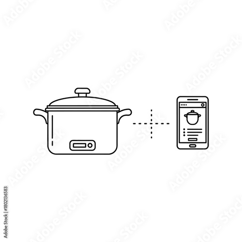 Slow Cooker and Smartphone Line Art Illustration.