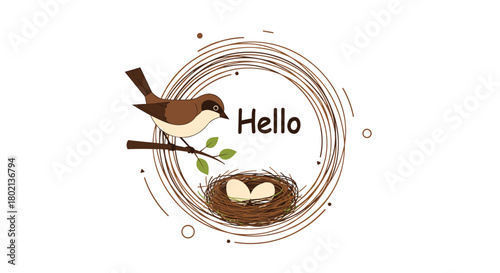 A charming illustration features a bird perched on a branch near its nest with two eggs inside, surrounded by a circular design and the word hello.