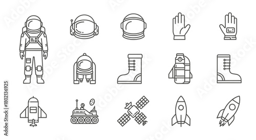 Space Exploration Outline Icons - Astronaut Suit, Helmet, Gloves, Boots, Rocket, Satellite, Rover.