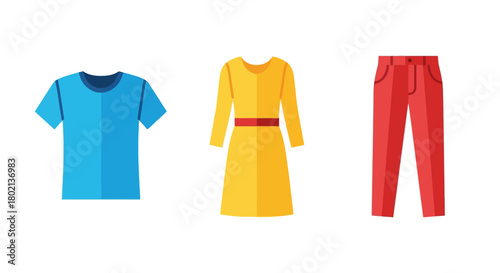Colorful clothing set featuring blue t-shirt, yellow dress, and red pants in flat style