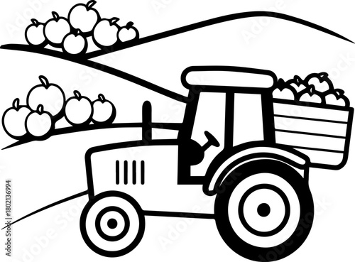 SVG vector illustration of a tractor carrying fruits.Tractor with Fruits Illustration in Black and White